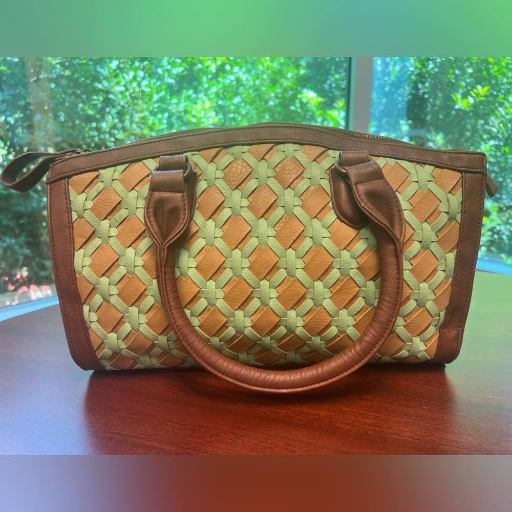 Liz Soto vegan leather tote with mint accents